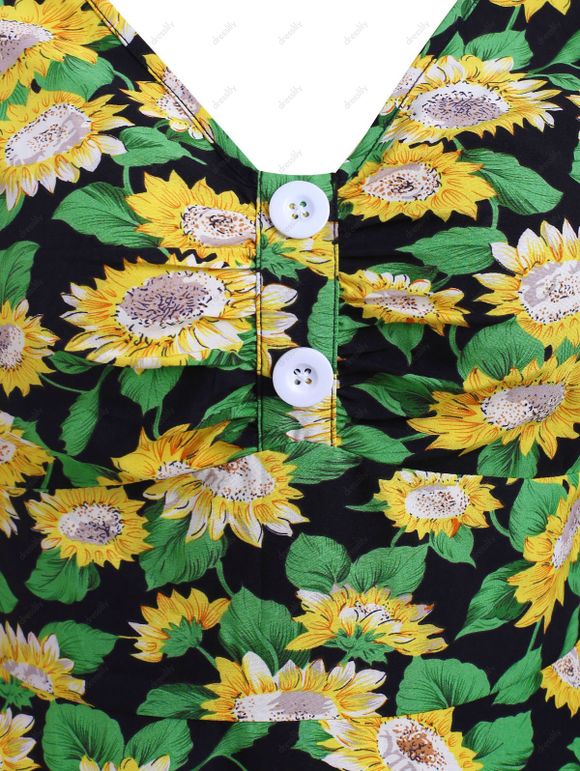 Robe Motif de Tournesol avec Bouton à Col V - Vert Pin M