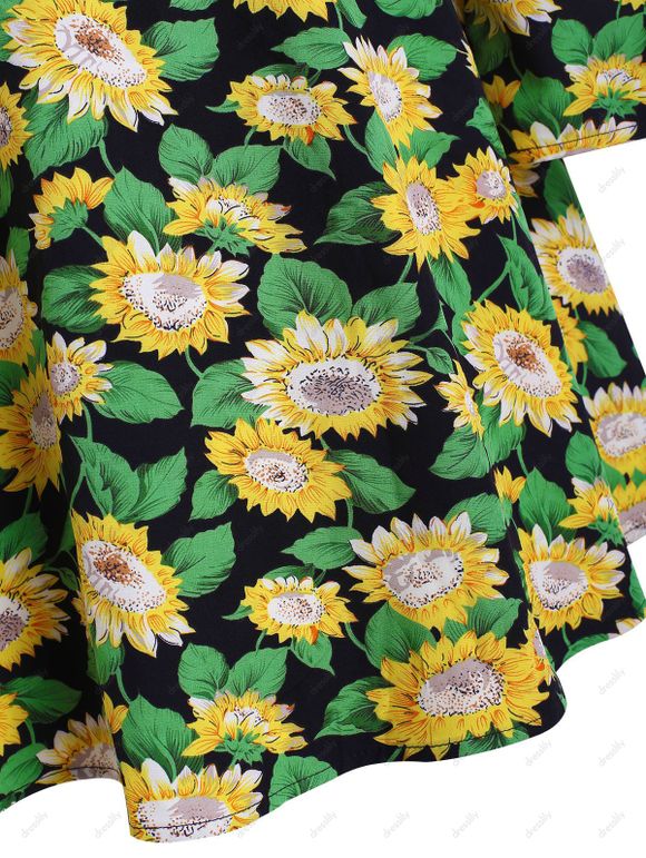 Robe Motif de Tournesol avec Bouton à Col V - Vert Pin M