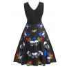 V Notched Skull Butterfly Print Sleeveless Knee Length Dress - multicolor A XL