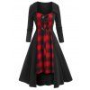 Robe Mi-Longue Haute Basse à Carreaux Imprimés - Noir M