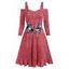 Robe Teintée Imprimée Fleur Panneau en Dentelle à Epaule Dénudée - Rouge 2XL