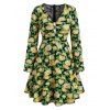 Sunflower Pattern Button V Neck Dress - PINE GREEN L
