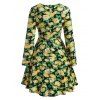 Sunflower Pattern Button V Neck Dress - PINE GREEN M