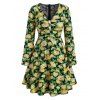 Robe Motif de Tournesol avec Bouton à Col V - Vert Pin XL