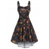 Robe Haute Basse à Bretelle Etoile Lune et Soleil Imprimés avec Poches - Noir 3XL