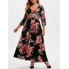 Maxi Robe Imprimée Fleurie à Manches Roulées de Grande Taille - Noir 5X