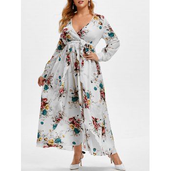 

Plus Size Low Cut Floral Print Maxi Dress, Warm white