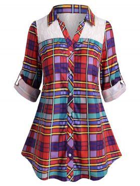 Plus Size Lace Insert Plaid Roll Up Sleeve Shirt