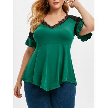 

Plus Size Contrast Lace Ruffle Cuff Tee, Deep green