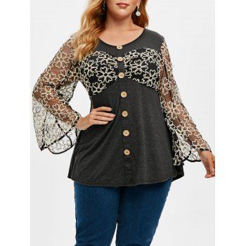

Plus Size Floral Mesh Insert Buttons Heathered T Shirt, Gray