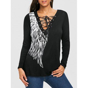 

Lace-up Grommets Wing Print Top, Black