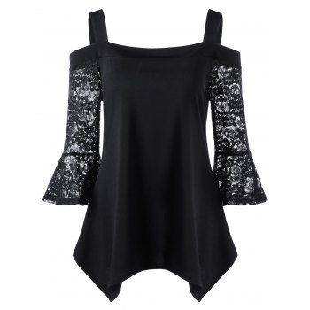 

Lace Sleeves Cold Shoulder Asymmetrical Top, Black