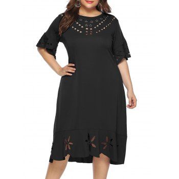 

Plus Size Laser Cut Flounced Midi Dress, Black