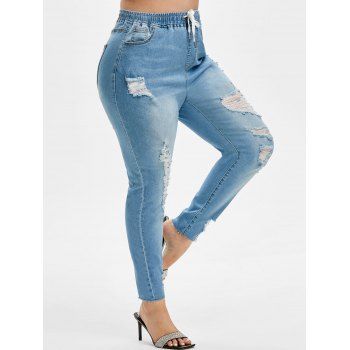 

Plus Size Drawstring Ripped Frayed Hem Jeans, Light blue