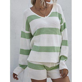 

Lounge Striped Sweater Shorts Two Piece Set, Light green