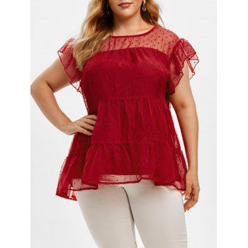 

Swiss Dot Flounced Sleeve Plus Size Blouse, Red