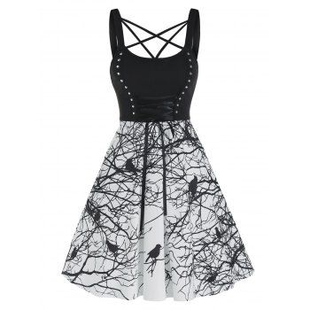 

Strappy Bird Print Studded High Waist Cami Dress, Black