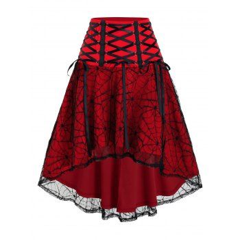 

Halloween Spider Web Lace High Low Lace-up Skirt, Blood red