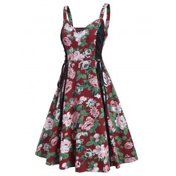 

Floral Print Side Lace Up Cami A Line Dress, Multicolor a