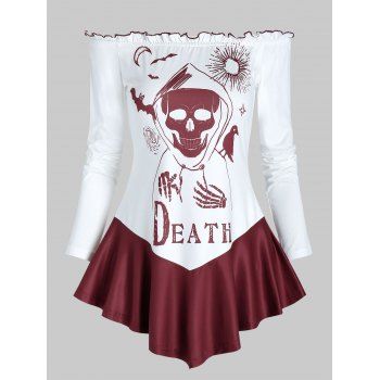 

Halloween Death Bat Print Off The Shoulder T-shirt, Red wine