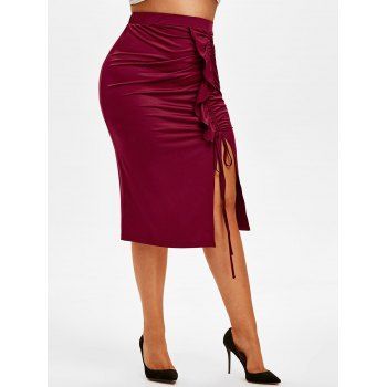 

Plus Size Ruffle Cinched Slit Midi Skirt, Red wine