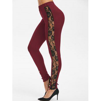 

Flower Lace Insert Mock Button Skinny Leggings, Deep red