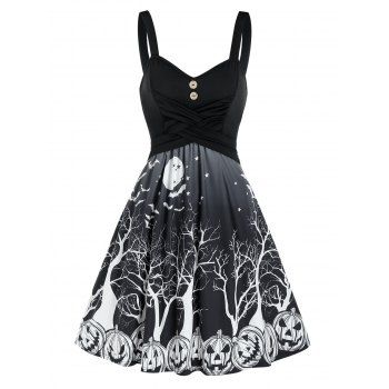 

Halloween Pumpkin Print Crisscross High Waist Cami Dress, Black