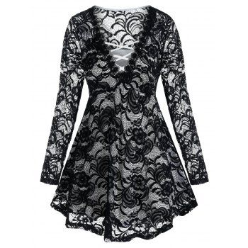 

Plus Size Lace Lattice Round Hem Long Sleeve Top, Black