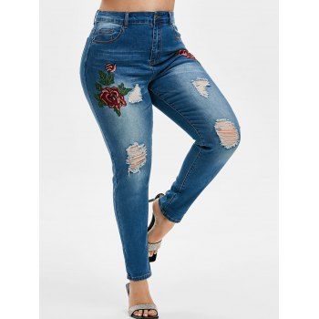 

Plus Size Ripped Embroidered Jeans, Deep blue