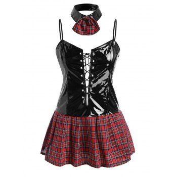 Image of Plus Size Lace Up PU Insert Plaid Lingerie Set