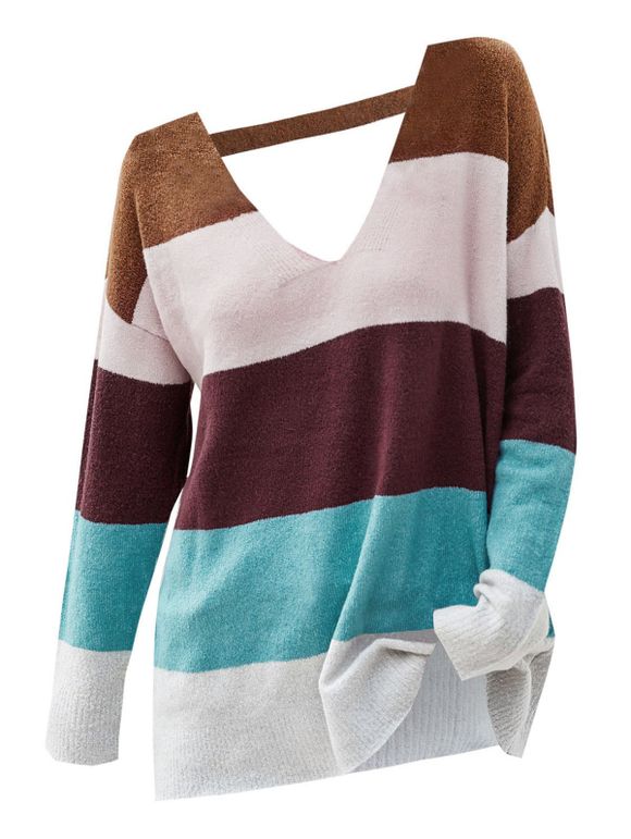 Color Blocking Cutout Drop Shoulder Sweater - multicolor XL
