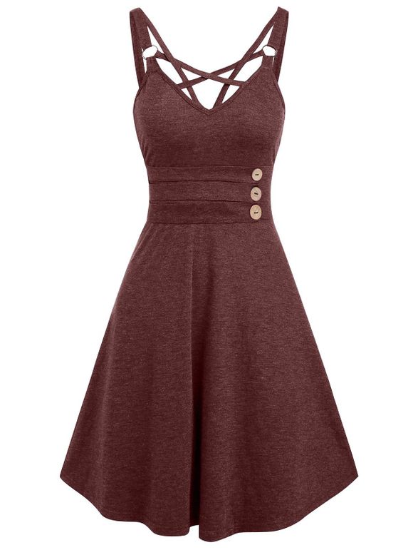 Robe Décontractée Ouverte au Dos à Bretelle avec Bouton - Rouge Vineux M