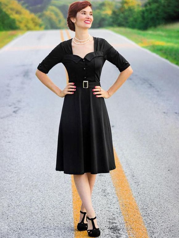 Vintage Half Button Belted Flare Dress - BLACK 3XL