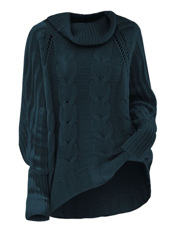 Turtleneck Pointelle Cable Knit Raglan Sleeve Sweater - DEEP BLUE L