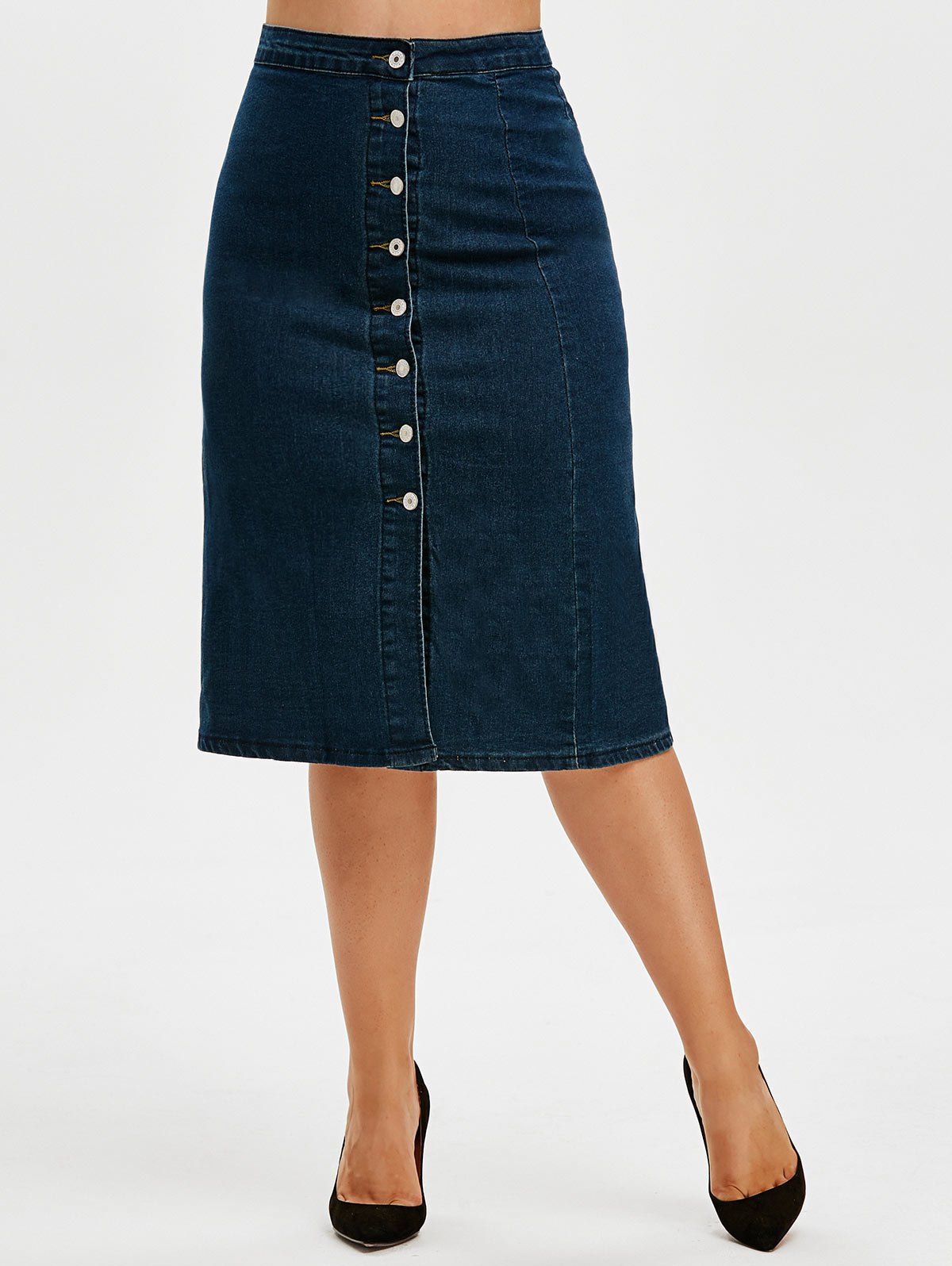 [32% OFF] 2020 Button Up Front Slit Denim Plus Size Skirt In BLUE