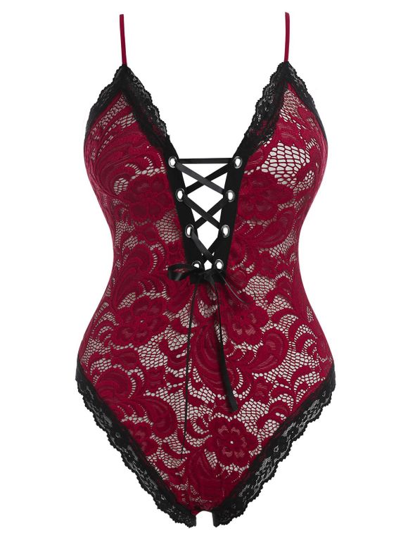 Plus Size Lace Up Lingerie Teddy - RED WINE 1X