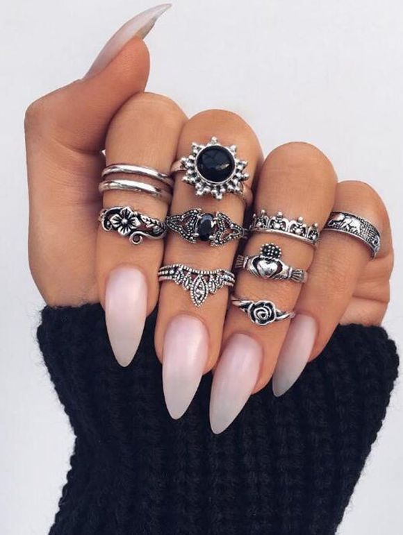 10 Pièces Ensemble de Bagues Motif Cœur Éléphant Fleur Gravée - Argent 