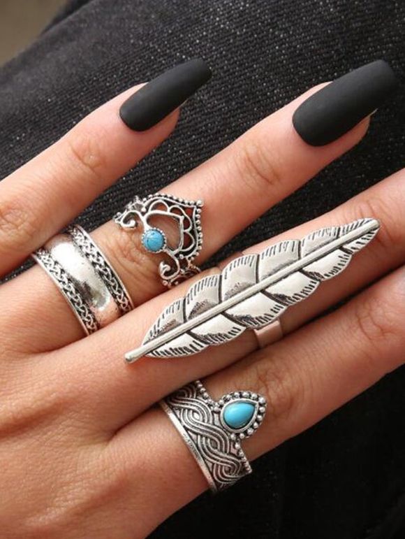 Ensemble de Bague Ethnique Plume Gravée 4 Pièces - Argent 