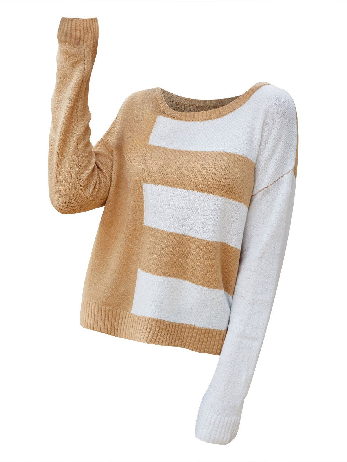 Colorblock Drop Shoulder Sweater - LIGHT COFFEE M