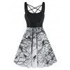 Robe Cloutée à Imprimé Oiseau à Bretelle à Taille Haute - Noir L