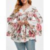 T-shirt Fleuri Imprimé en Dentelle Insérée à Manches de Cloche de Grande Taille - Blanc 4X