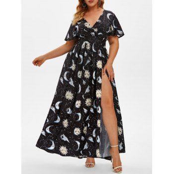 

Plus Size Sun Moon Print High Slit Maxi Dress, Black