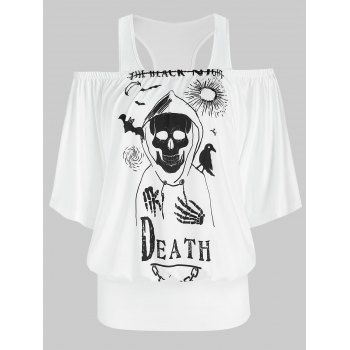 

Halloween Skull Graphic Exposed Shoulder Casual Blouson T Shirt, White