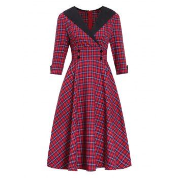 

Plaid Mock Button Plunging Vintage Dress, Red