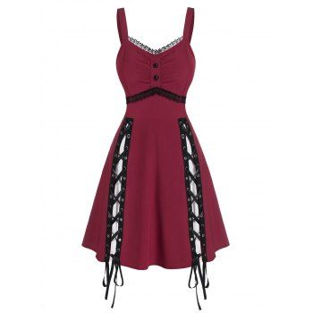 

Sleeveless Lace Panel Lace-up Gothic Dress, Red wine