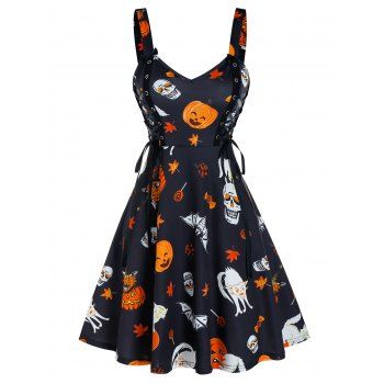 

Halloween Pumpkin Print Lace Up Cami A Line Dress, Black