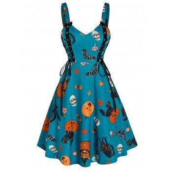 

Halloween Pumpkin Print Lace Up Cami A Line Dress, Greenish blue