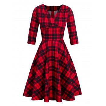 

Plaid Plunging Empire Waist Vintage Dress, Red