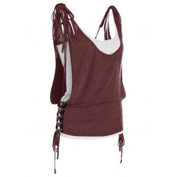 

Lace Up Tie Shoulder Top and Camisole Set, Deep red