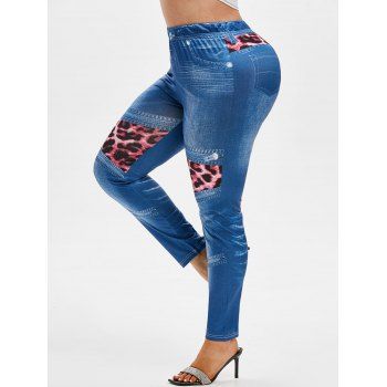 

Plus Size Leopard Print Faux Denim Leggings, Deep blue